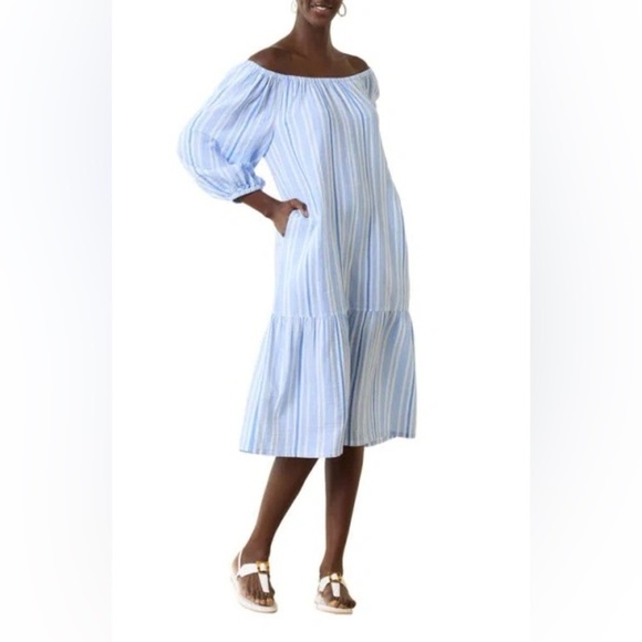 NWT,TOMMY BAHAMA, Vill Solstice Stripe Off The Shoulder Cotton Dress Blue Vault - Picture 9 of 14